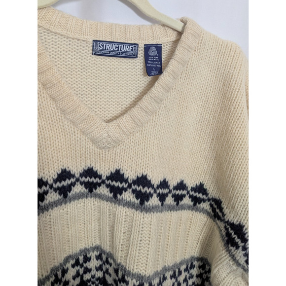 Vtg Structure Ivory Heavyweight Wool V-Neck Pullover Sweater Men's Large M1 - Picture 2 of 5
